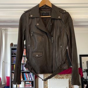 BCBG Max Azaria brown genuine leather moto jacket size Med